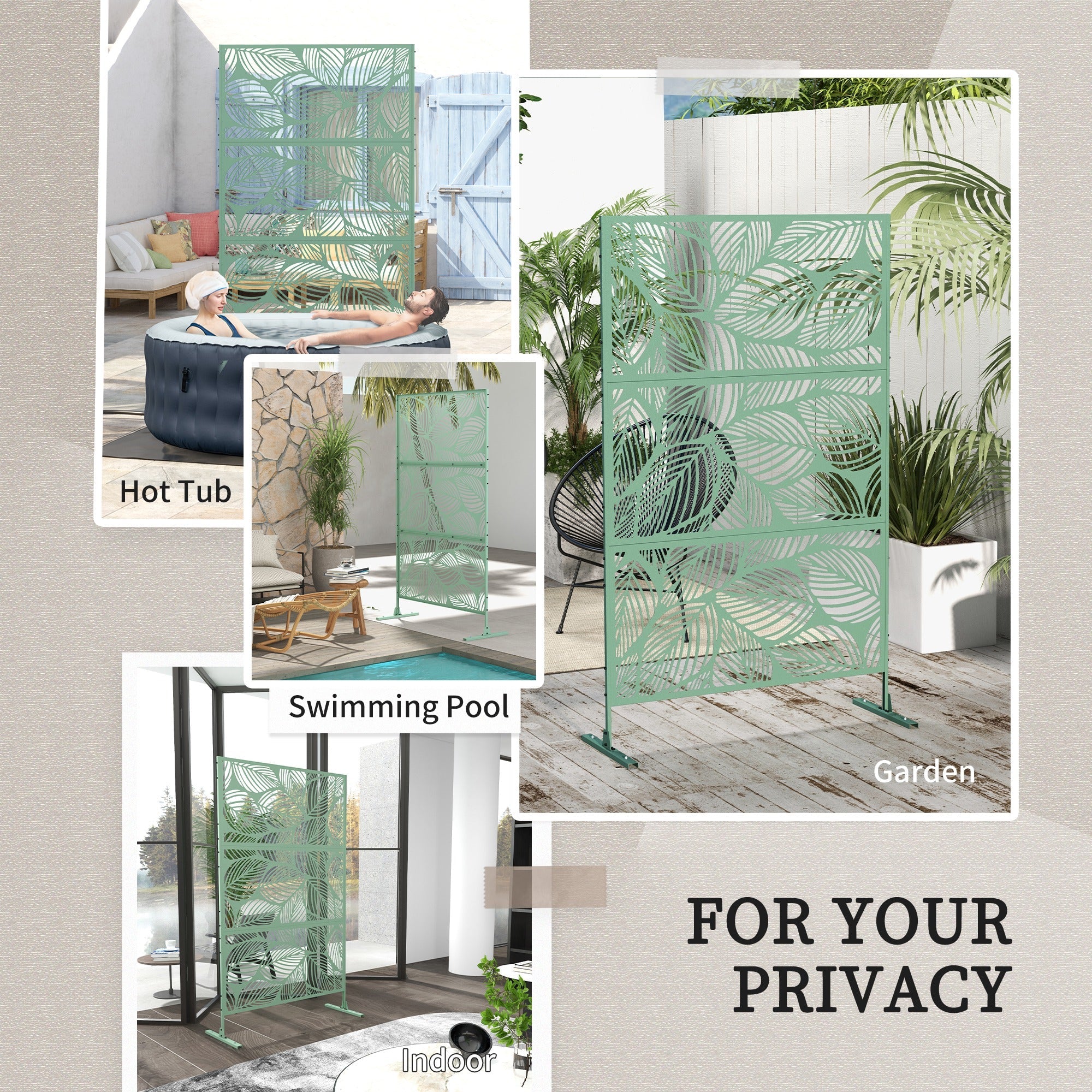 Outsunny 6.5FT Decorative Outdoor Divider, Metal Privacy Screen with Stand, Leaf Style, Light Green 
