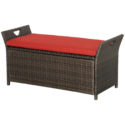 Outsunny 2-In-1 Outdoor PE Rattan Storage Bench, 27 Gallon Patio Wicker Furniture, Basket Box with Handles and Cushion Red 