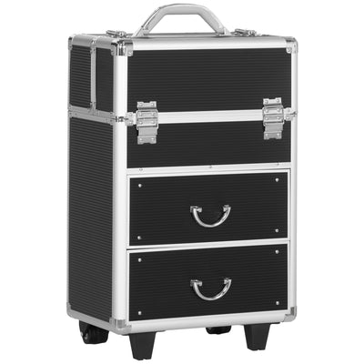 HOMCOM Large Cosmetic Trolley Rolling Makeup Train Case Storage Lockable Cart Black with Folding Trays Swivel Wheels 