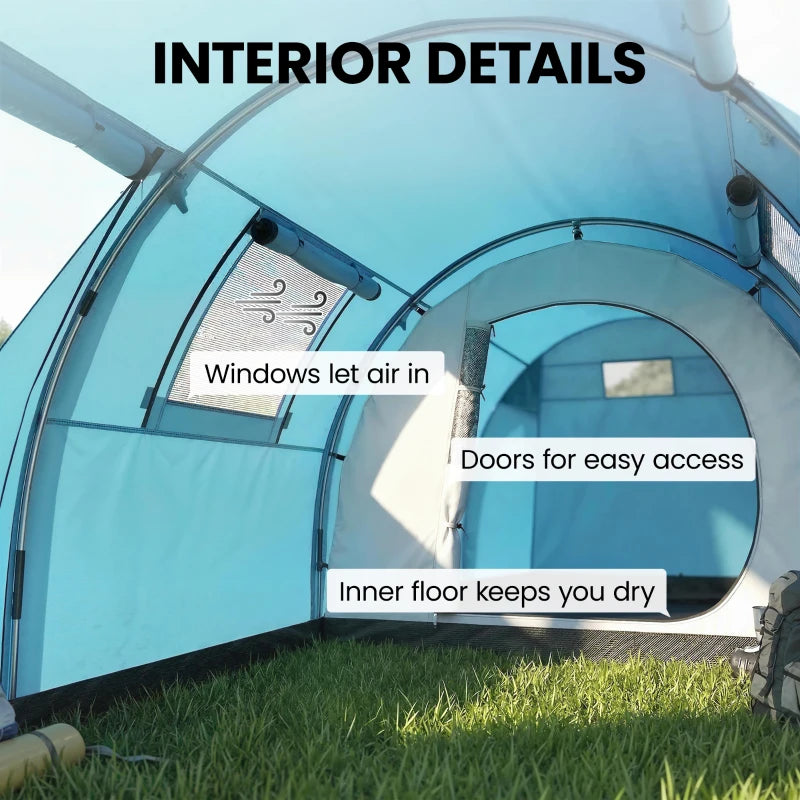 Outsunny 3-4 Person Camping Tent with 2 Rooms, 3000mm Waterproof Family Tunnel Tent with Carry Bag – Sky Blue