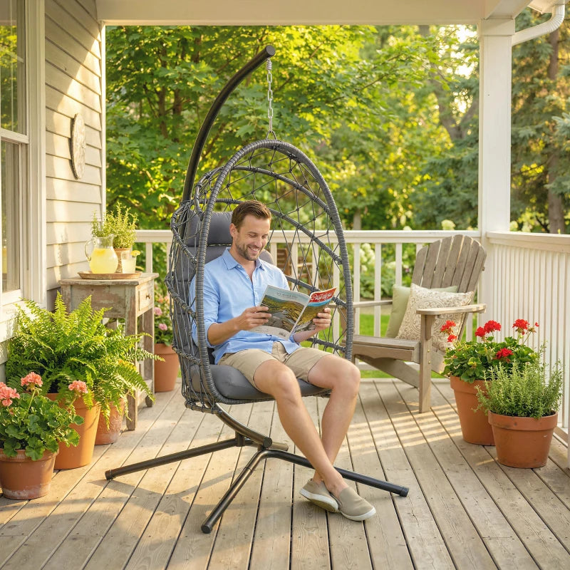 Hanging Egg Chair with Stand, Foldable Wicker Rattan Swing Chair with Thick Cushion, Dust Cover and Safety Rope, Grey
