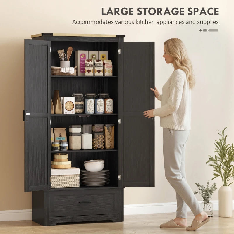 69" Tall Farmhouse Kitchen Pantry Cabinet with 2 Doors, Drawer and Adjustable Shelves, Black and Brown