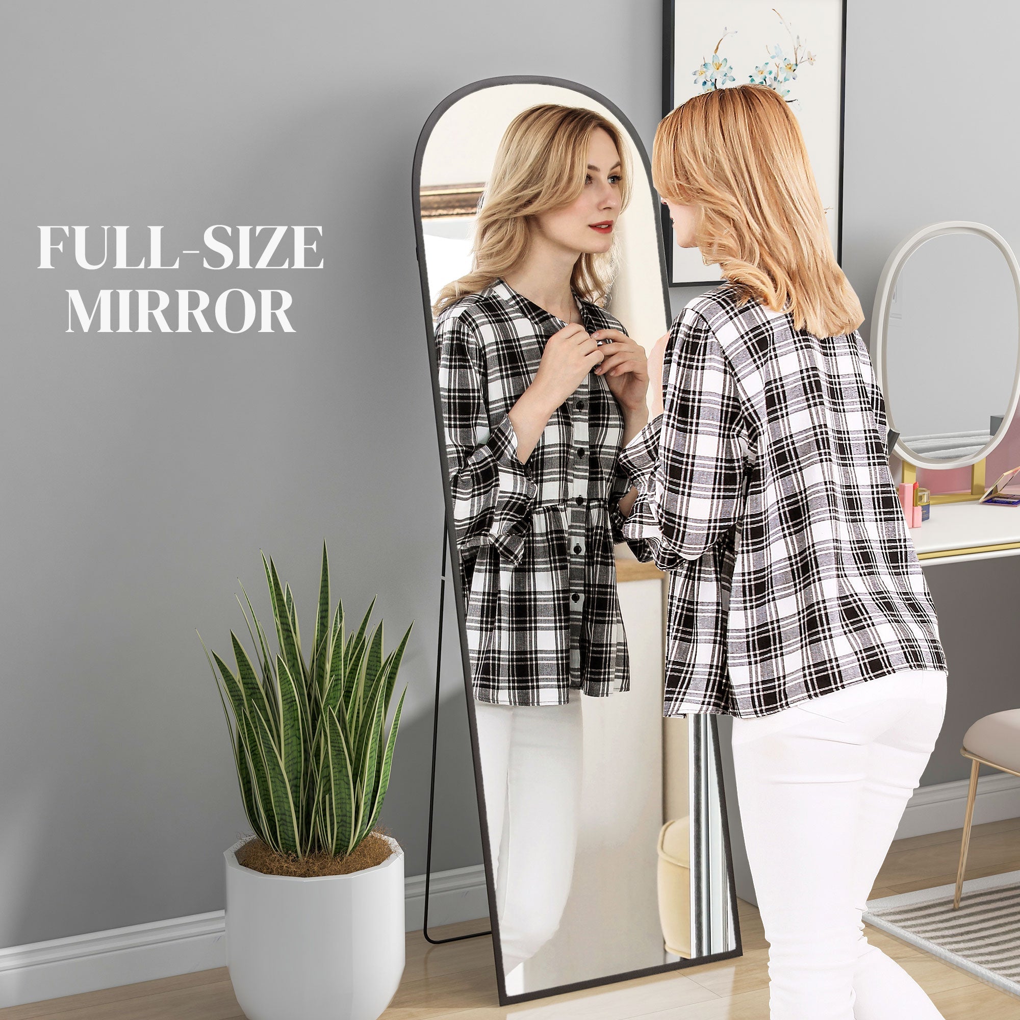 HOMCOM Elegant Arched Standing Mirror 64"x20" Full-Length Versatile Free Standing or Wall Mounted Living Room & Bedroom Black 