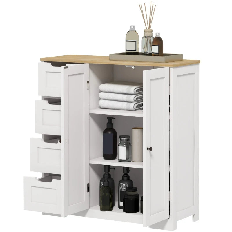 Freestanding Bathroom Floor Cabinet, Modern Bathroom Cabinet with Adjustable Shelf, 4 Drawers and 2 Doors, White