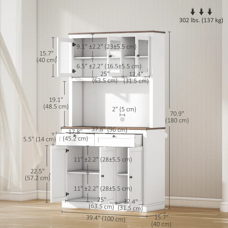 71" Kitchen Pantry Cabinet Small Glass-Door Dining Cabinet with Drawers Adjustable Shelves Microwave Space White