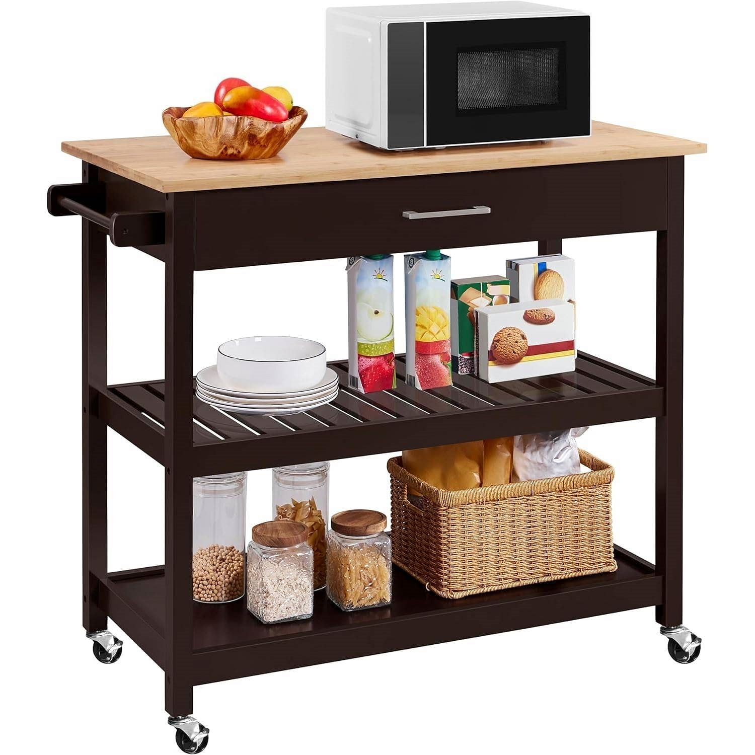 Dark Brown Kitchen Island Cart w/ Wood Top 2-Shelves Drawer and Locking Wheels - Free Shipping 