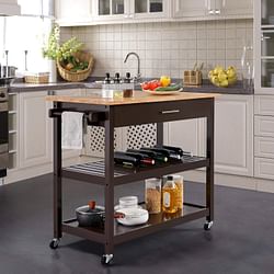 Dark Brown Kitchen Island Cart w/ Wood Top 2-Shelves Drawer and Locking Wheels - Free Shipping 