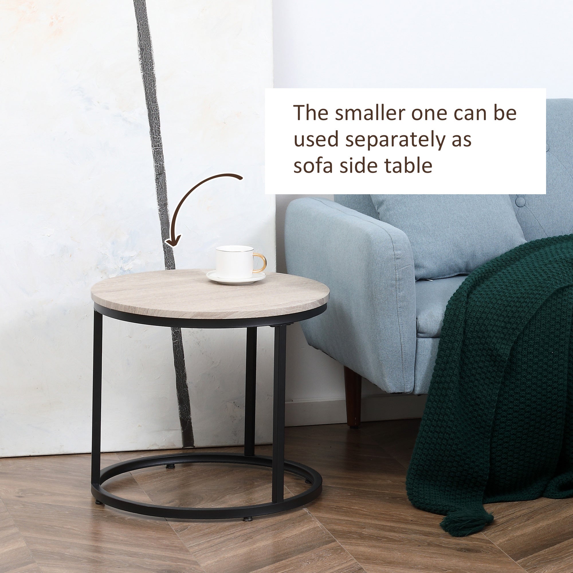 HOMCOM Nesting Round Coffee Table Pair Set of 2 Stackable Sofa Side Table Metal Frame Simple Design Grey Wood Grain 