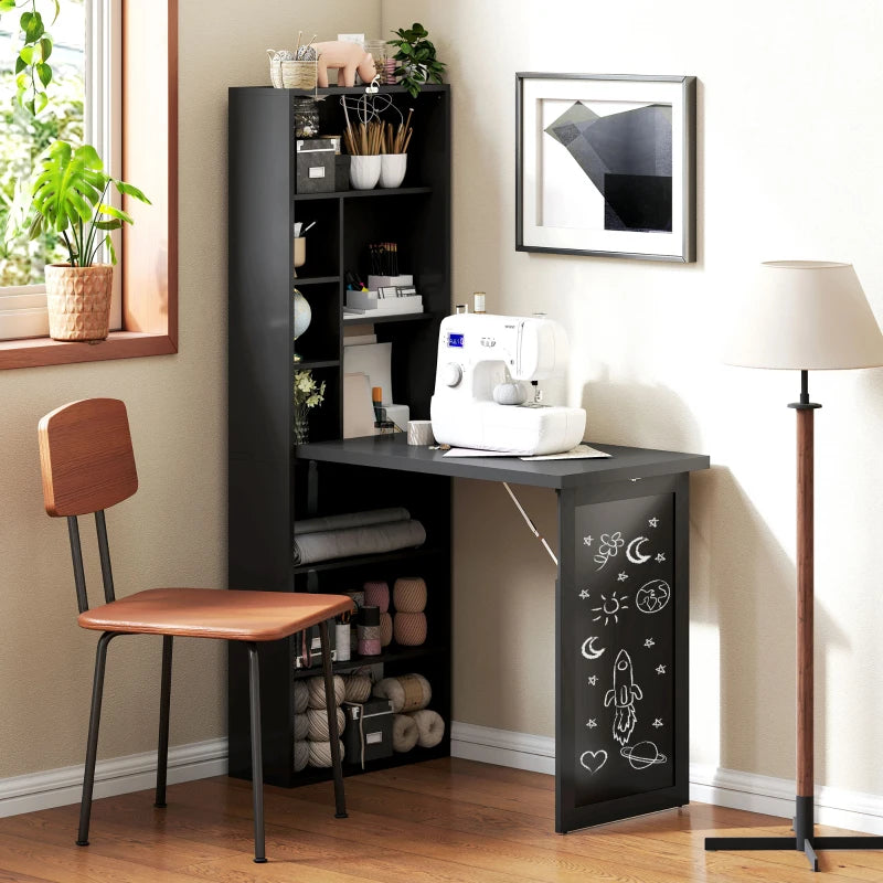 Fold-out Convertible Office Desk, Wall Mount Computer Desk with Blackboard and Side Shelf, Black