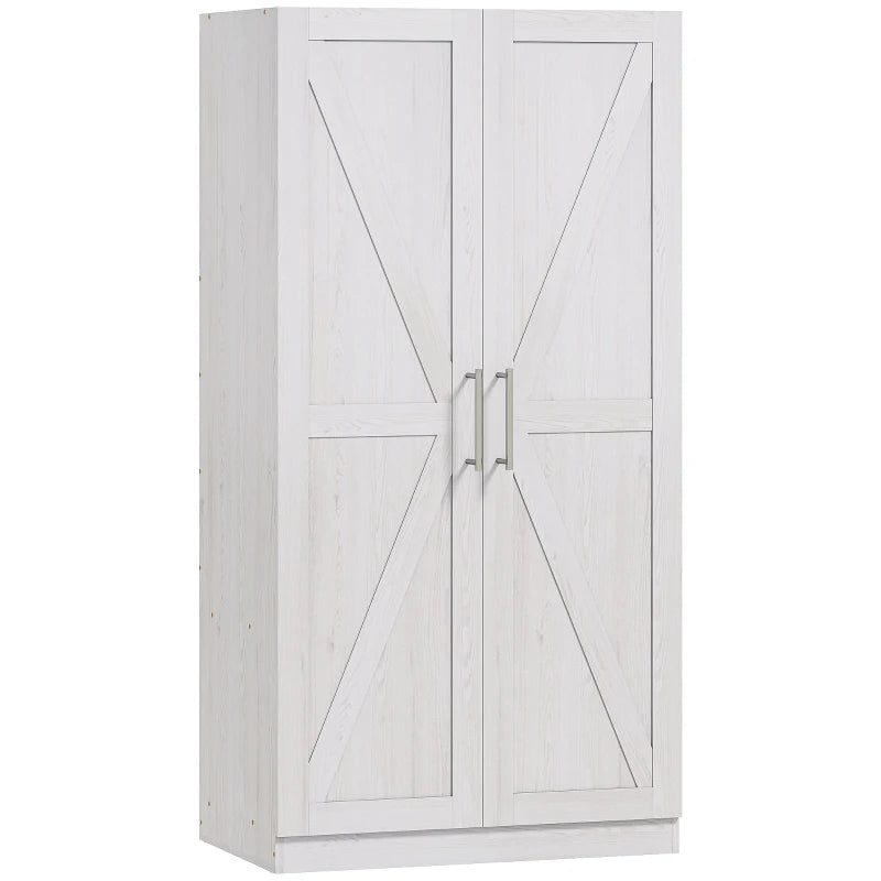 Wardrobe Cabinet with Hanging Rod, Anti-Tipping and 2 Barn Doors, Farmhouse Wardrobe Closet for Bedroom, White Wood Effect