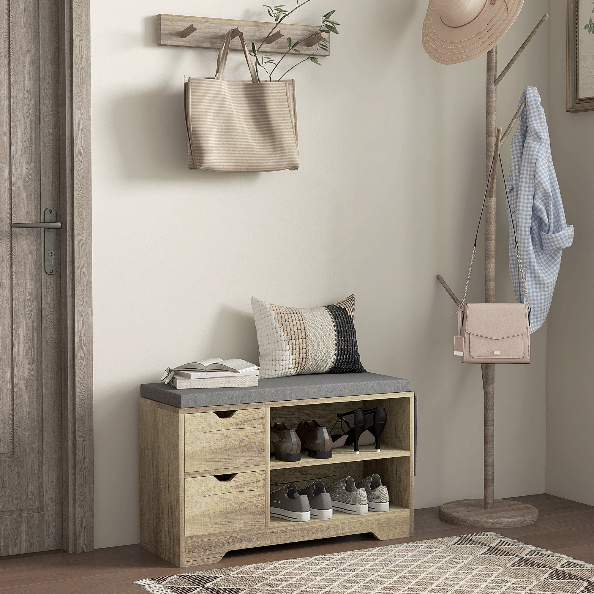 HOMCOM Upholstered Shoe Storage Bench w/ Seat, Entrance Bench w/ Drawer Open Shelves and Pocket for Hallway, Grey 