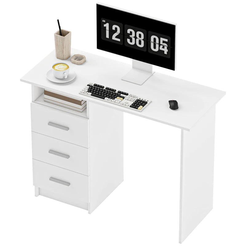 Computer Desk with Storage, 39" Home Office Desk with 3 Drawers nad Open Shelf, Writing Table for Bedroom, White