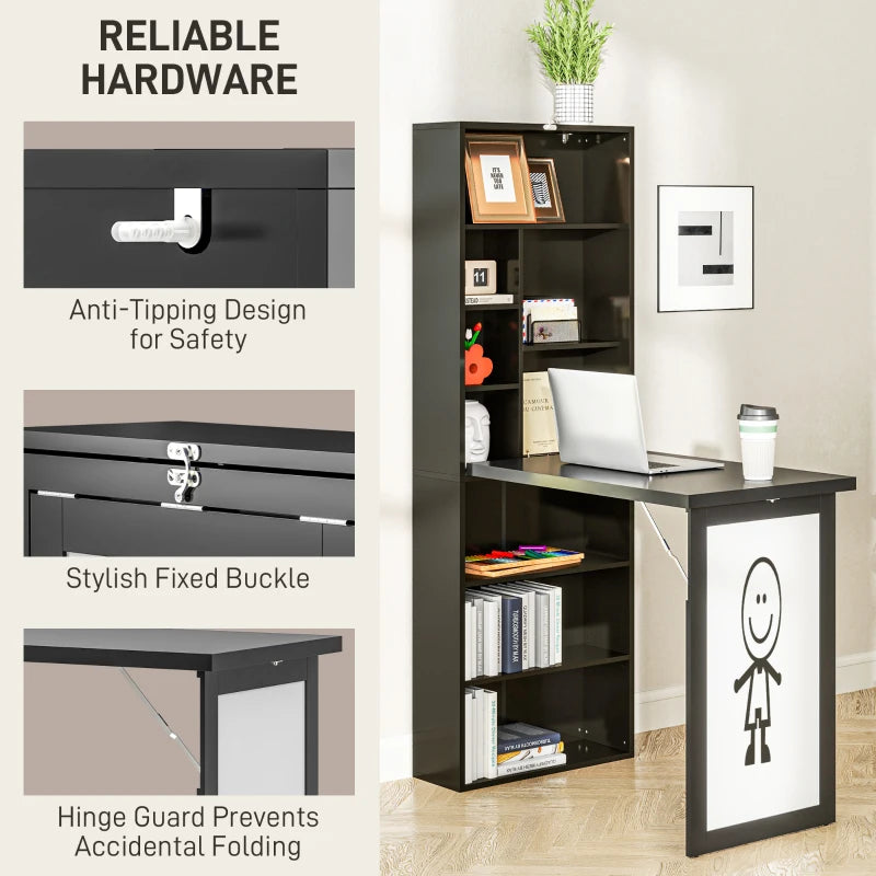 Wall Mounted Fold-Out Convertible Office Desk with Storage Shelves & Blackboard – Black