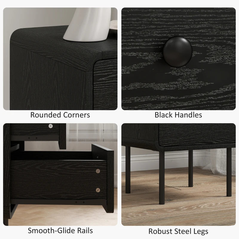 Modern Bedside Tables Set of 2, 2 Pieces Nightstands with 2 Storage Drawers and Steel Legs for Bedroom, Black Wood Grain