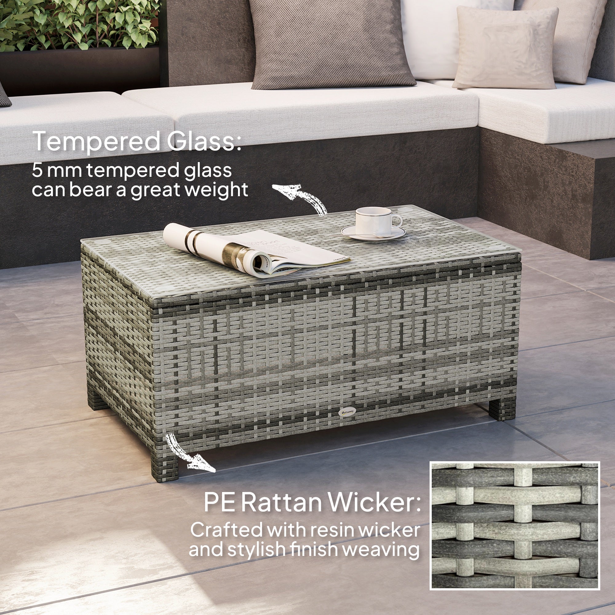 Outsunny Rattan Wicker Coffee Table with Glass Top Outdoor Garden Patio Furniture Brown Tempered 