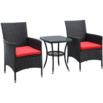 Outsunny 3PC Rattan Bistro Set Outdoor Garden Furniture 2 Armchair Glass Top Coffee Table Wicker Black 