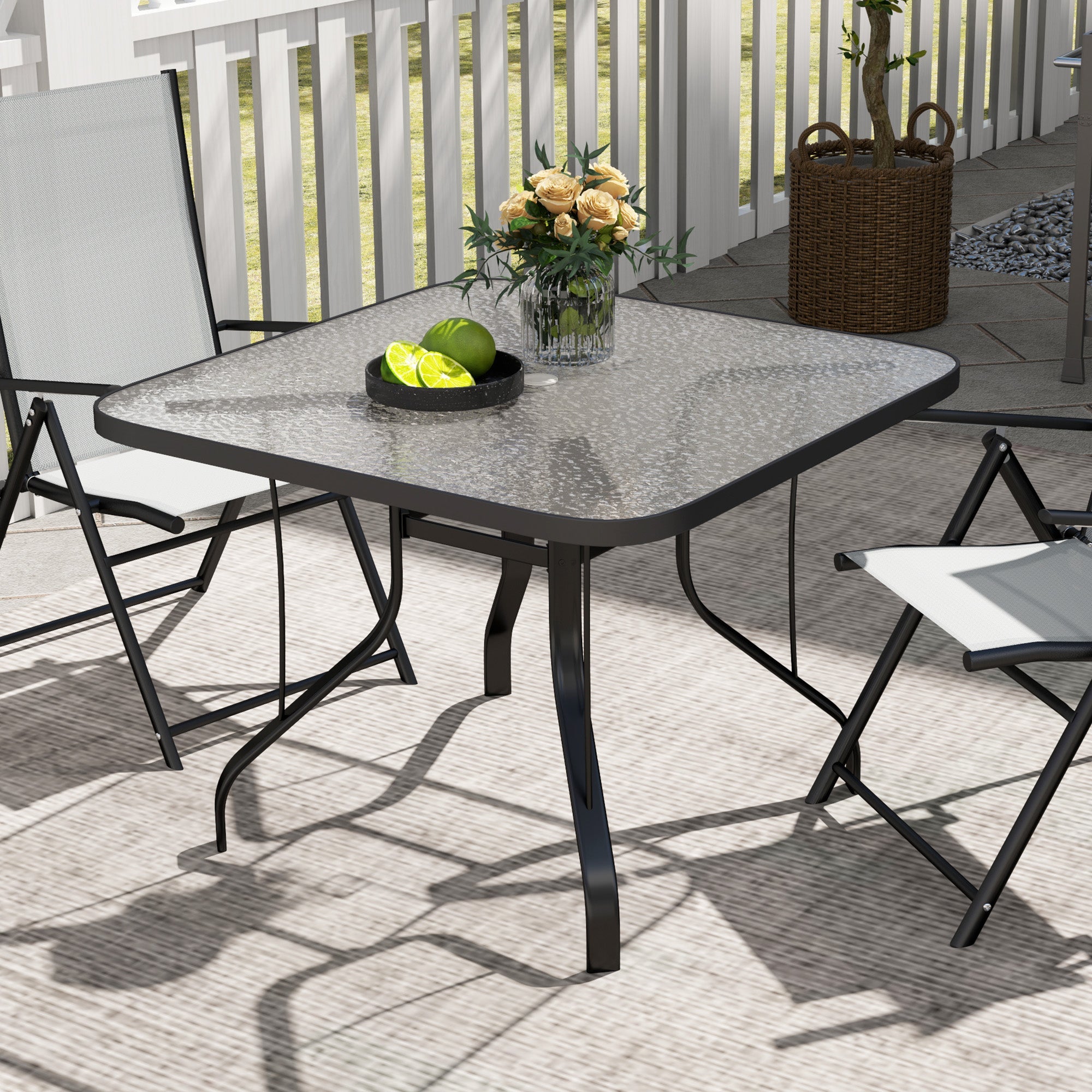 Outsunny Tempered Glass Square Patio Dining Table w/ 2.1" Umbrella Hole for Garden, Balcony, Backyard, 38" x 38" x 28" 
