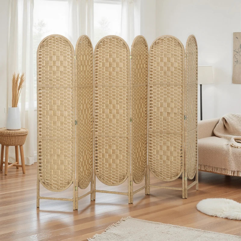 Bohemian Privacy Screen, Folding Room Divider with 6 Panels and Arched Top for Bedroom Living Room Office, Natural Wood