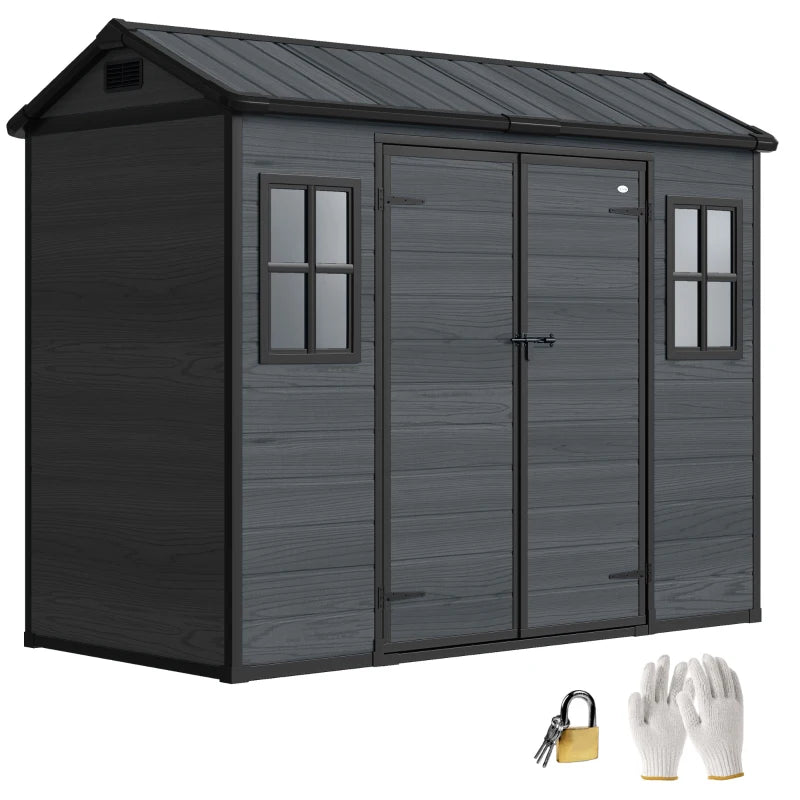 8 x 4 ft Resin Garden Shed, Wood-Effect Outdoor Storage Shed with Floor, Windows, Lockable Doors and Vents, Dark Grey