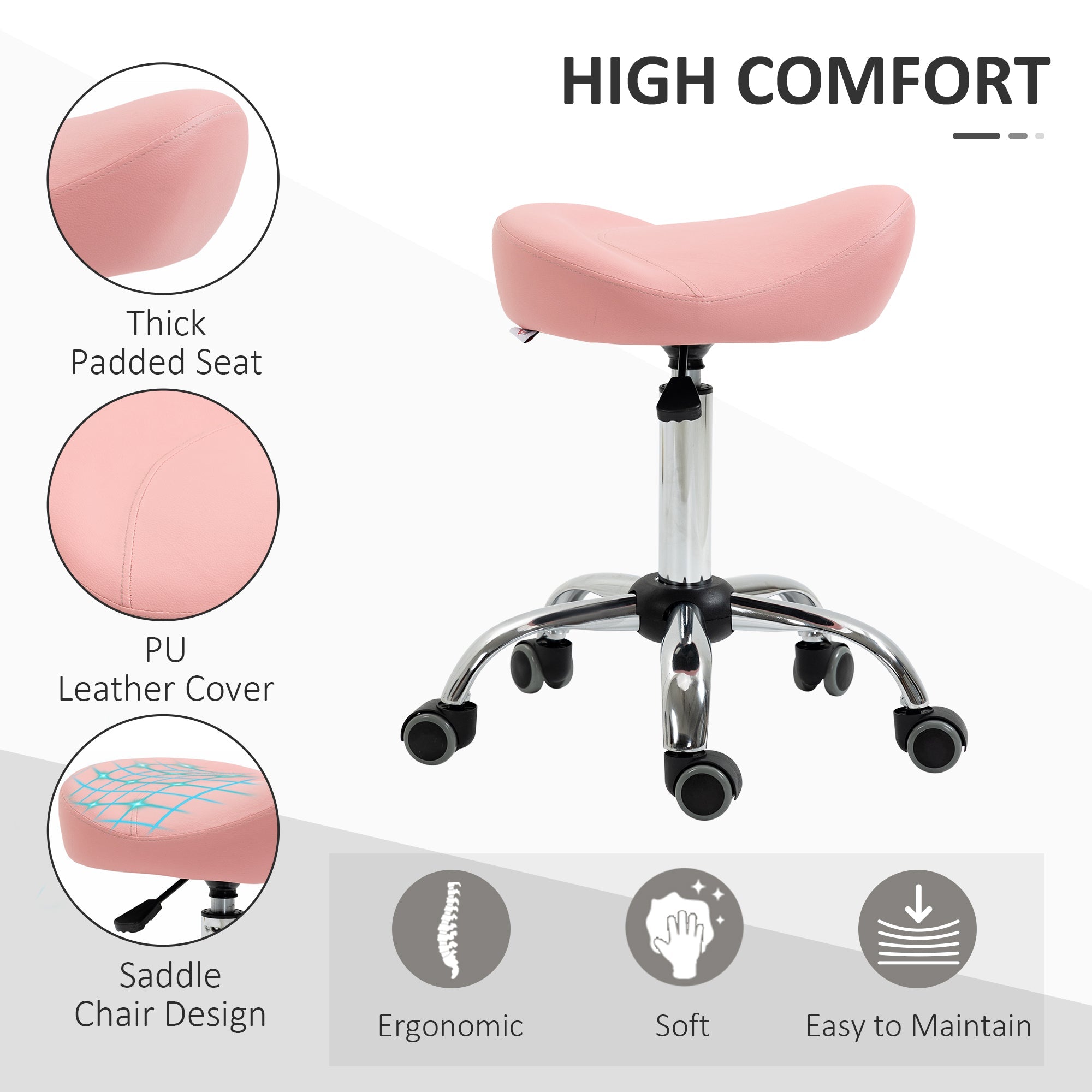 HOMCOM Saddle Stool Chic: Height Adjustable Rolling Salon Chair in Pink PU Leather for Massage, Spa, Clinic, Beauty, and Tattoo 