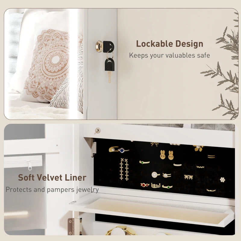 LED Lighted Jewelry Armoire with Mirror Jewelry Cabinet with Storage Lockable Door/Wall Mounted Jewelry Organizer, White