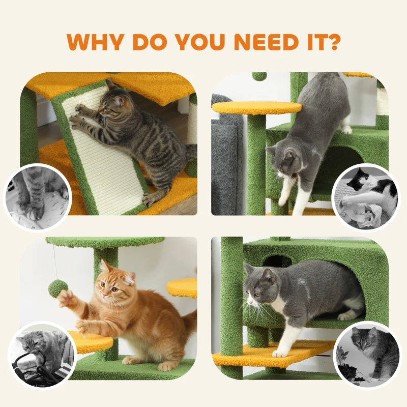 63" Cat Tree, Multi-Level Cat Tower with Scratching Posts, Cat Condos, Bed, Platforms, Ramp, Toy Ball, Green