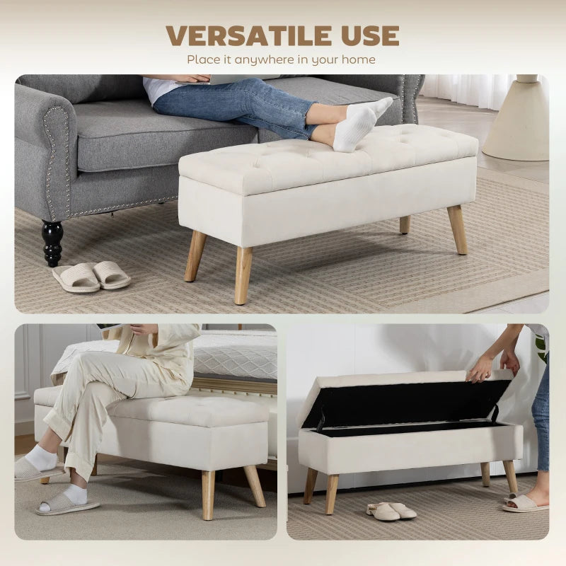Storage Ottoman with Lid, Velvet Upholstered Storage Bench with Wood Legs for Living Room, Cream White