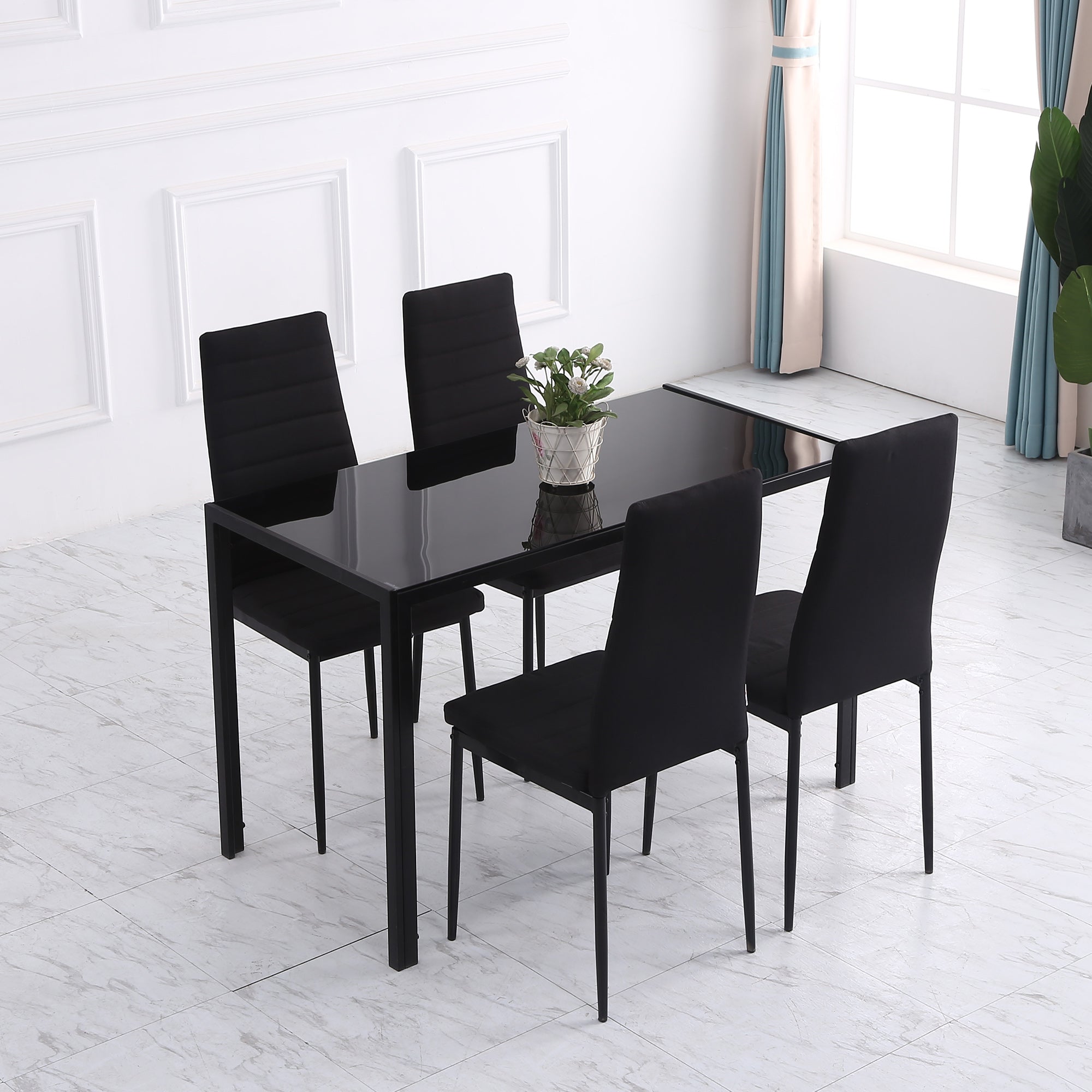 HOMCOM Dining Chairs - High Back Set of 4, Modern Upholstered in Linen Fabric with Metal Legs in Black 