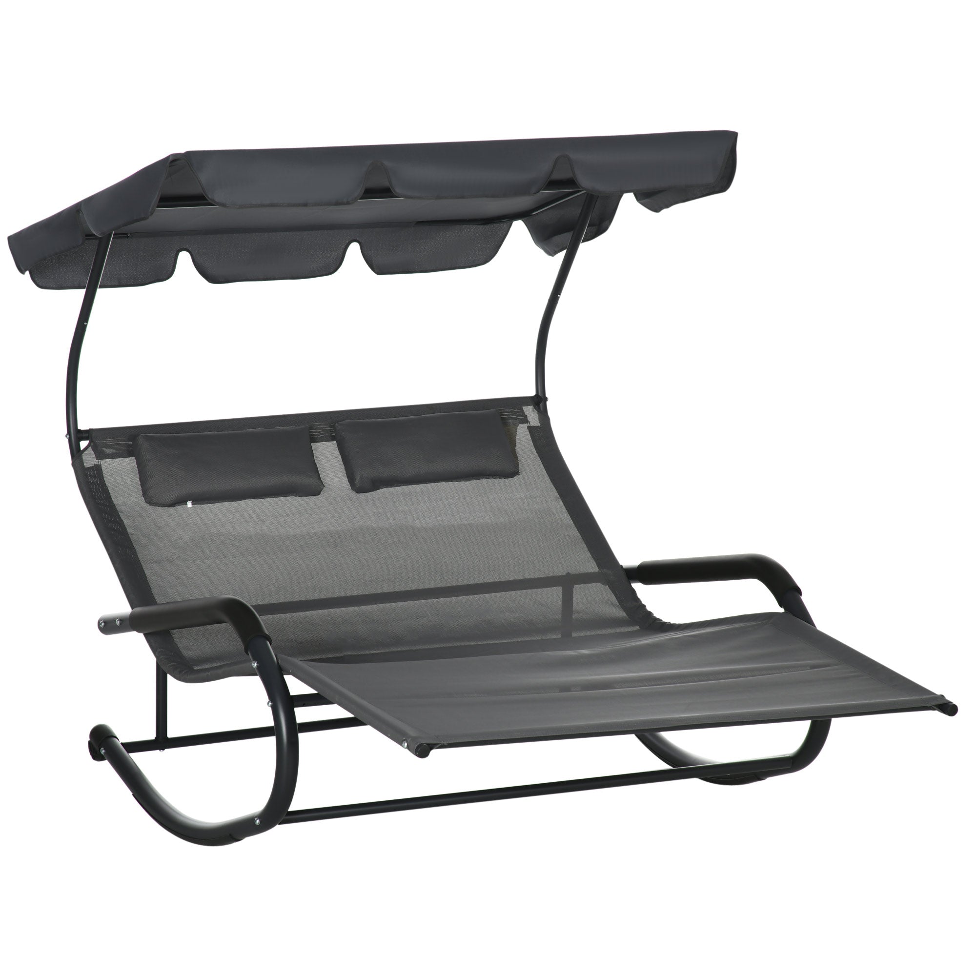 Outsunny Outdoor Double Chaise Lounge Sunbed w Adjustable Canopy Detachable Pillows Wheels Dark Gray 