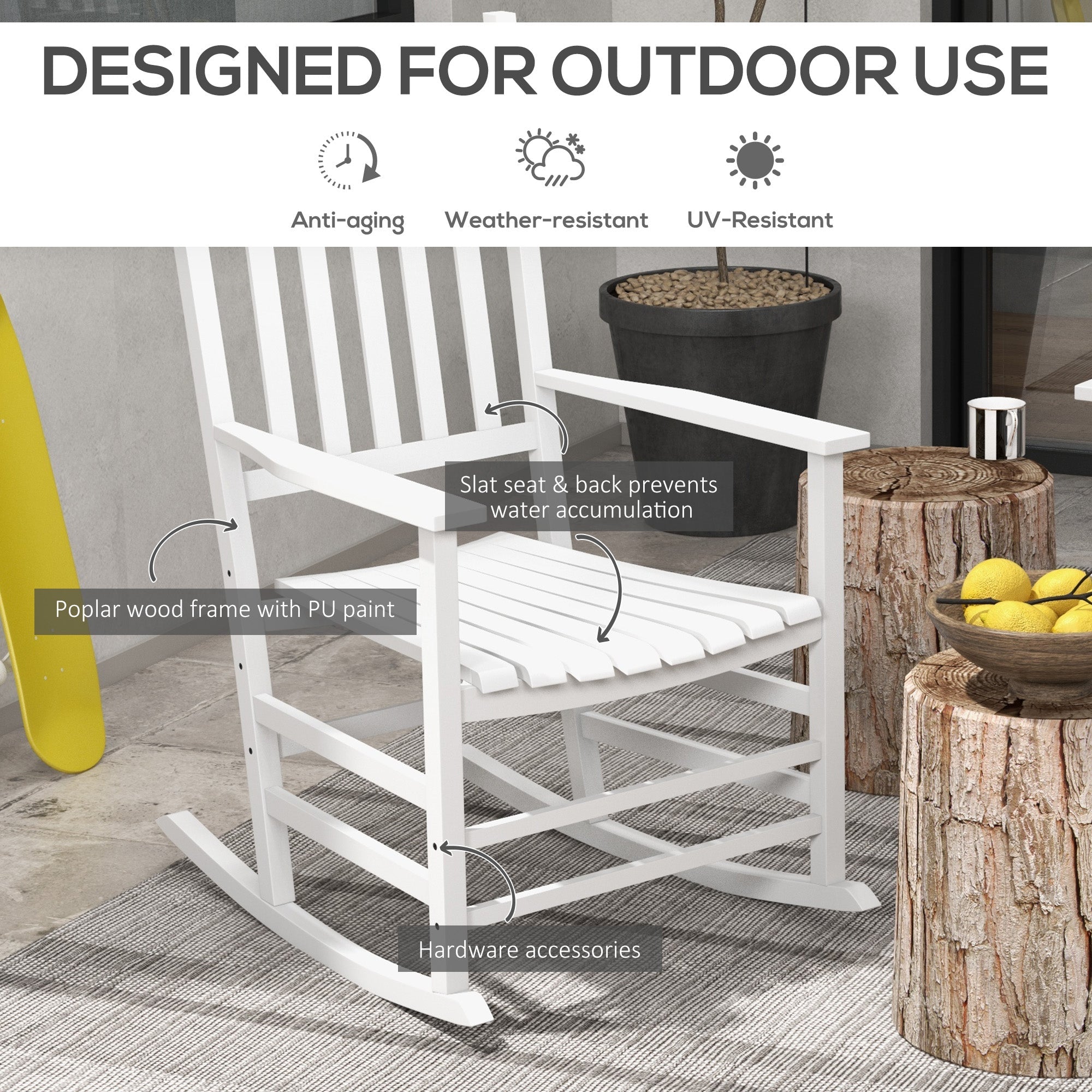 Outsunny Wooden Patio Rocking Chairs Set of 2, Outdoor Rocker Chairs with Wide Armrests, High Back for Garden, Balcony, White 