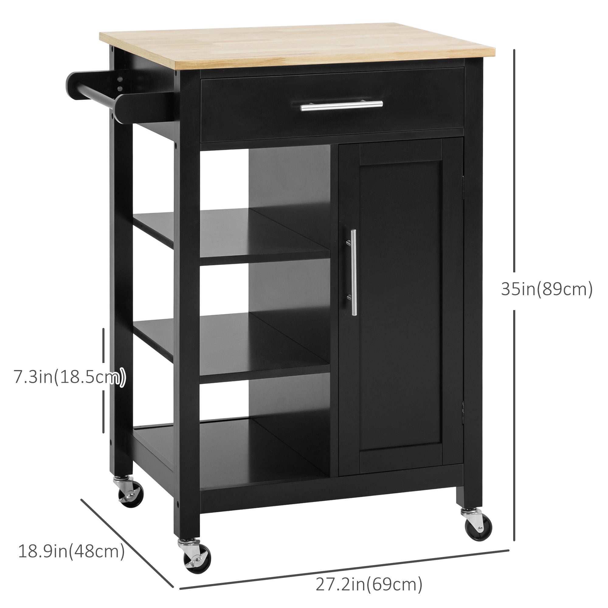 HOMCOM Black Rolling Kitchen Cart: Mobile Island with Storage Drawer & Open Shelf for Dining Room Versatility 