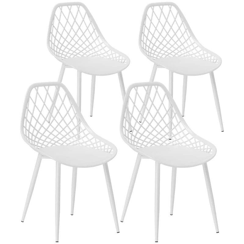 Modern Dining Chairs Set of 4, Plastic Kitchen Chairs with Hollow Backrest and Metal Legs for Living Dining Room, White