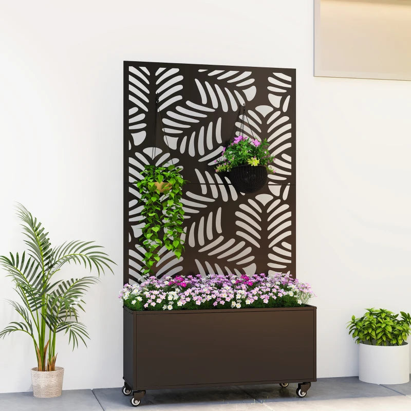 Metal Planter Box with Trellis, Raised Garden Bed with Monstera Leaf Cut-Out Privacy Screen and Wheels