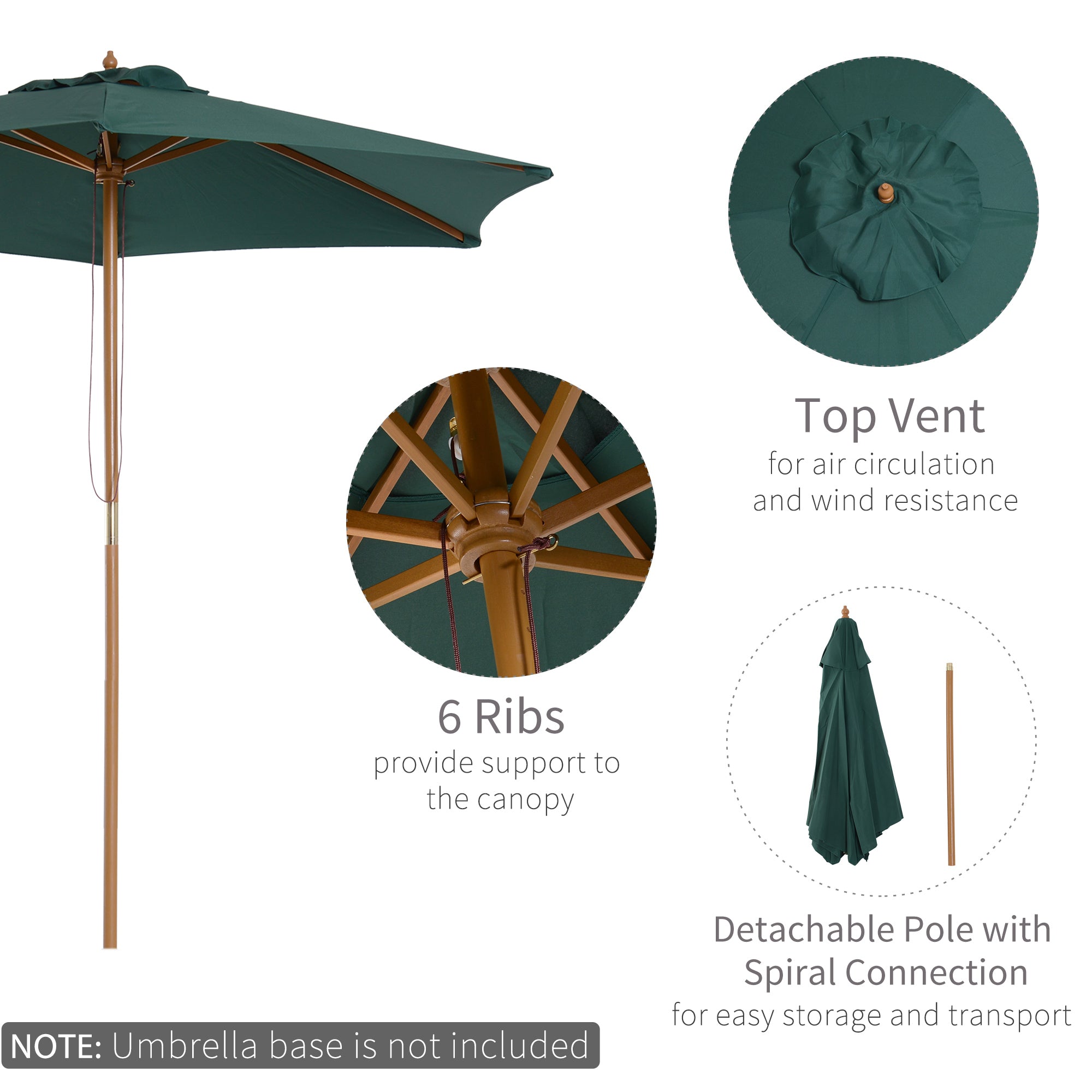 Outsunny Wood Patio Umbrella: 8FT Round Market Garden Parasol with Bamboo Ribs & Top Vent, Dark Green 