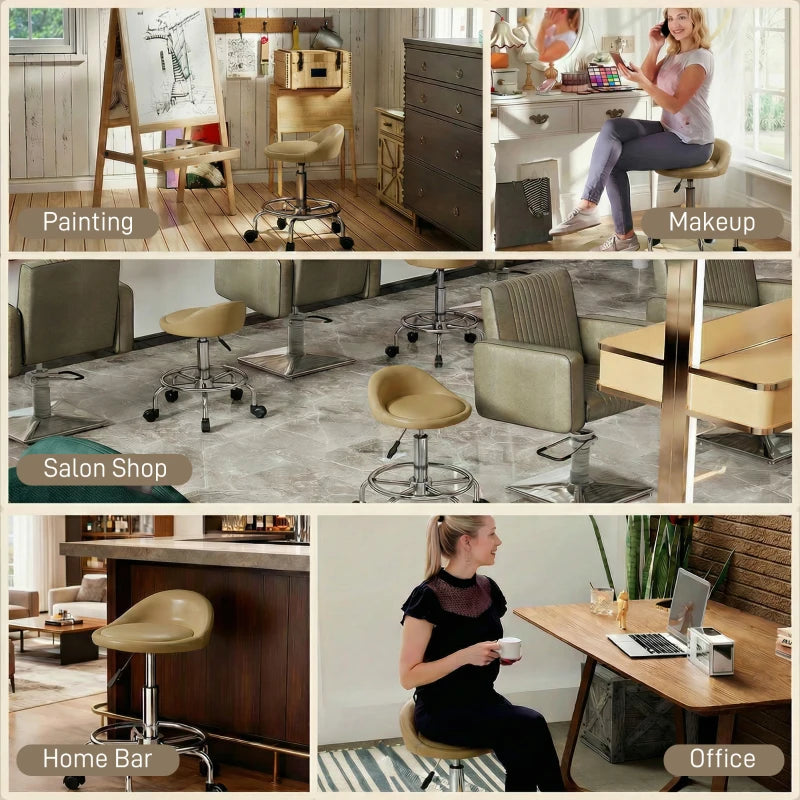 PU Leather Rolling Stool, Height Adjustable Swivel Salon Chair with Backrest and Foot Rest for Spa, Tattoo, Light Brown