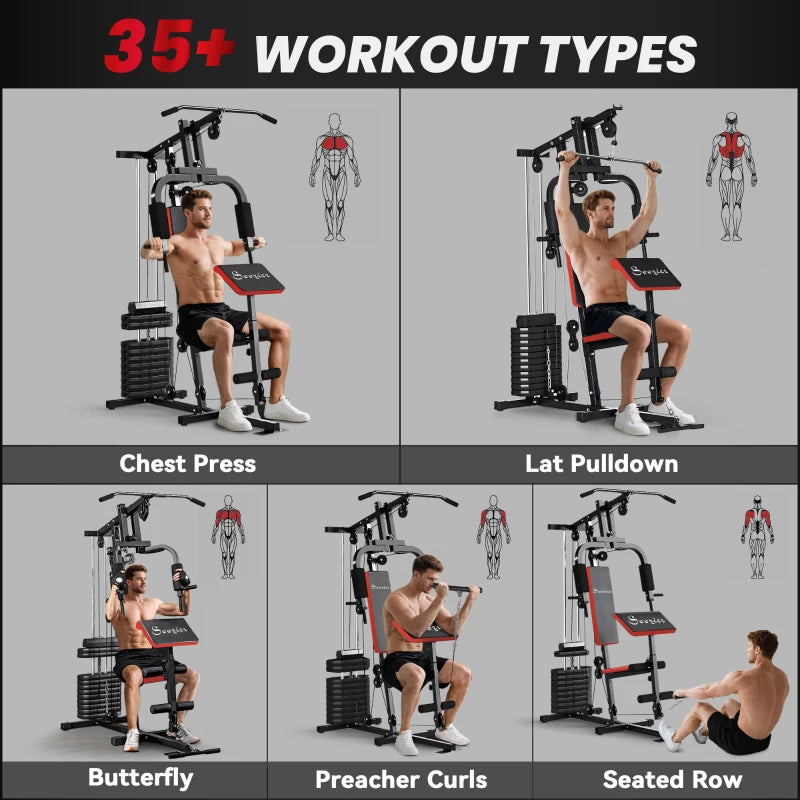 Soozier Home Gym Equipment Weight Training Machine, Multifunction Workout Machine with 143lbs Weight Stack for Full Body Workout and Strength Training, Red