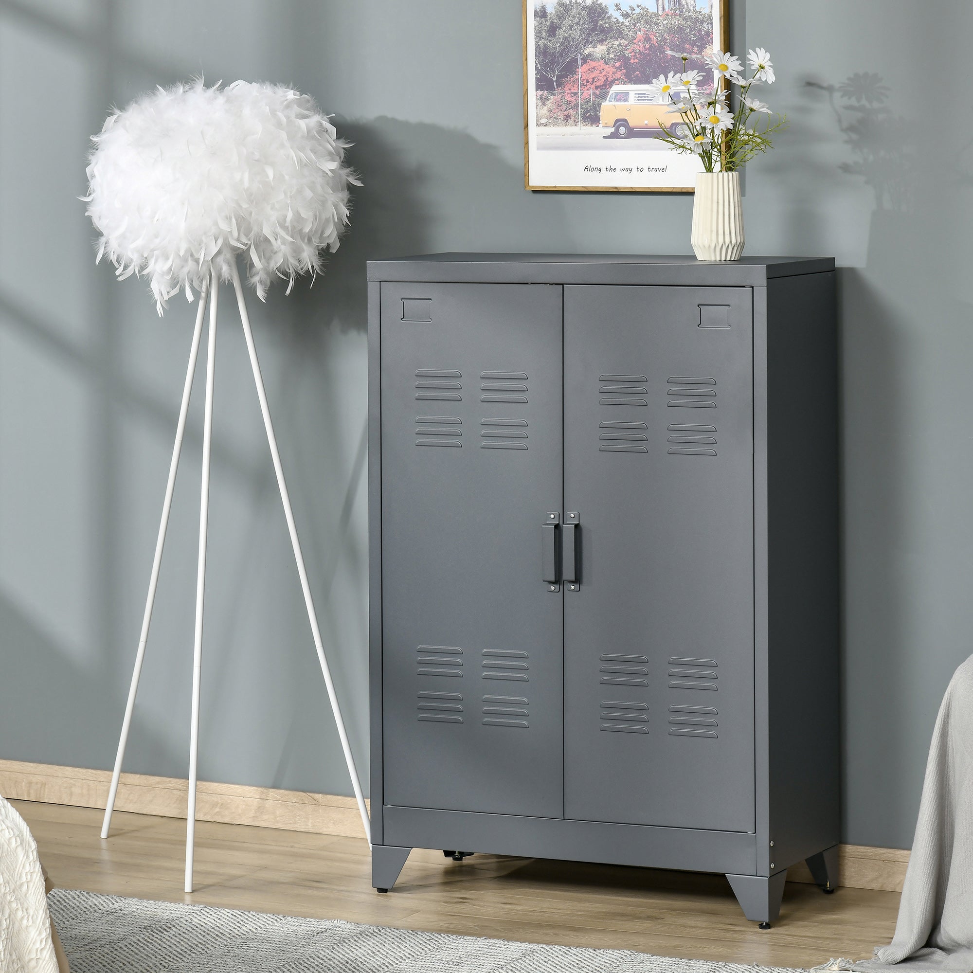 HOMCOM Industrial Chic: Metal Storage Cabinet Grey Sideboard with Louvered Doors, Adjustable Shelves for Versatile Storage 