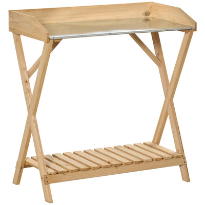 Outsunny Garden Potting Bench Wooden Work Station Outdoor Planting Workbench with Galvanized Metal Tabletop Storage Shelf 
