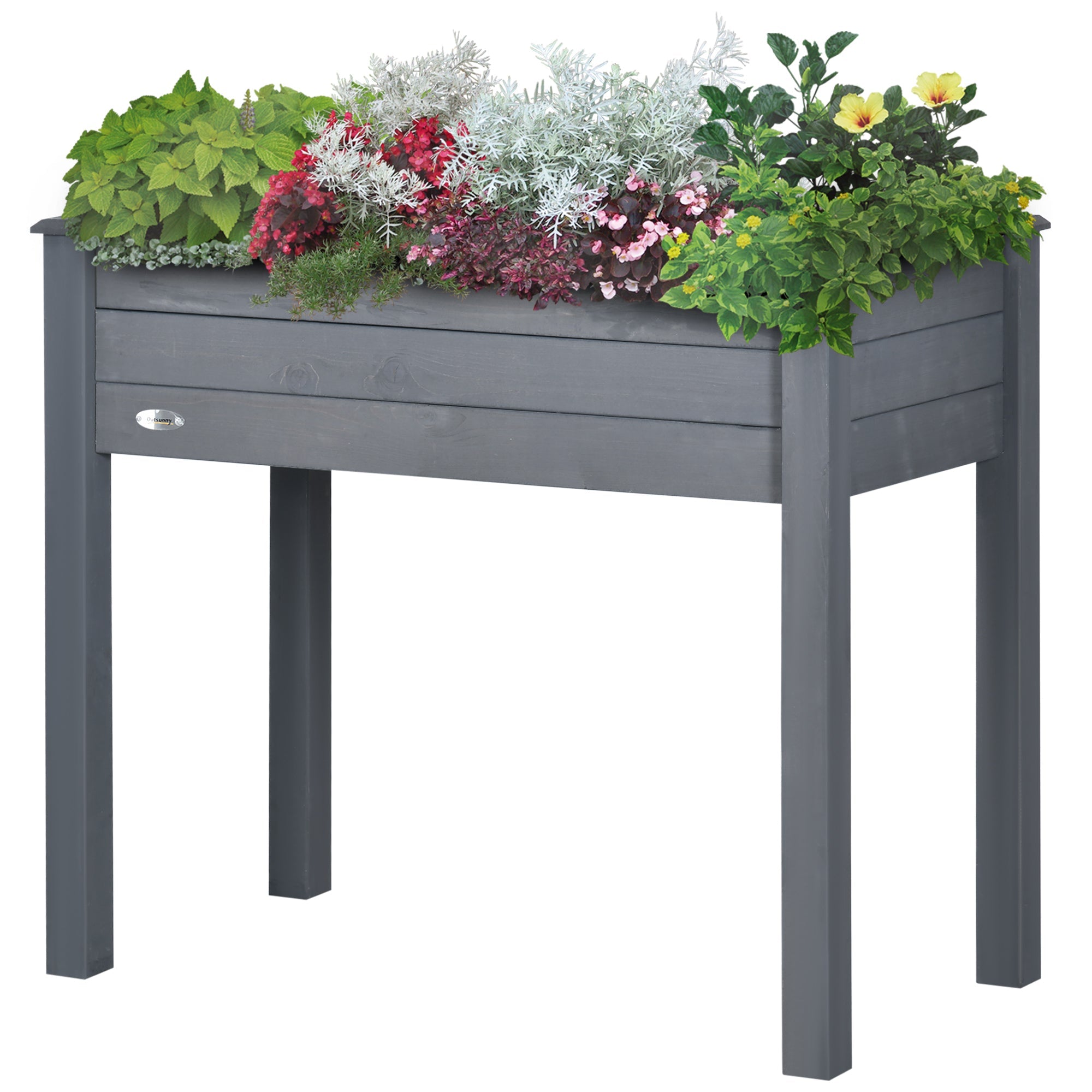 Outsunny Elevated Wooden Planter Box 34"x18"x30" with Legs, Drainage, Inner Bag for Easy Gardening - Dark Grey 
