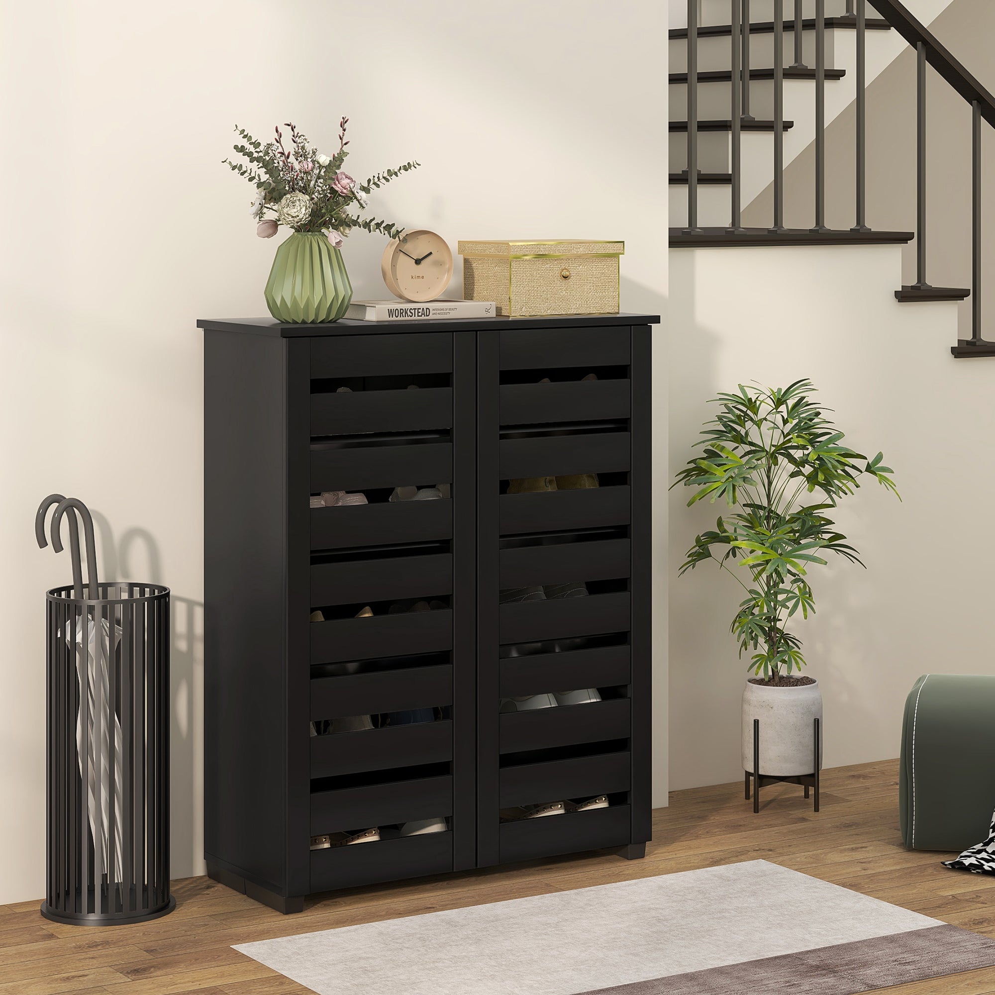 HOMCOM Shoe Storage Cabinet, Shoe Cabinet with 2 Slatted Doors for 15 Pairs of Shoes, Black 