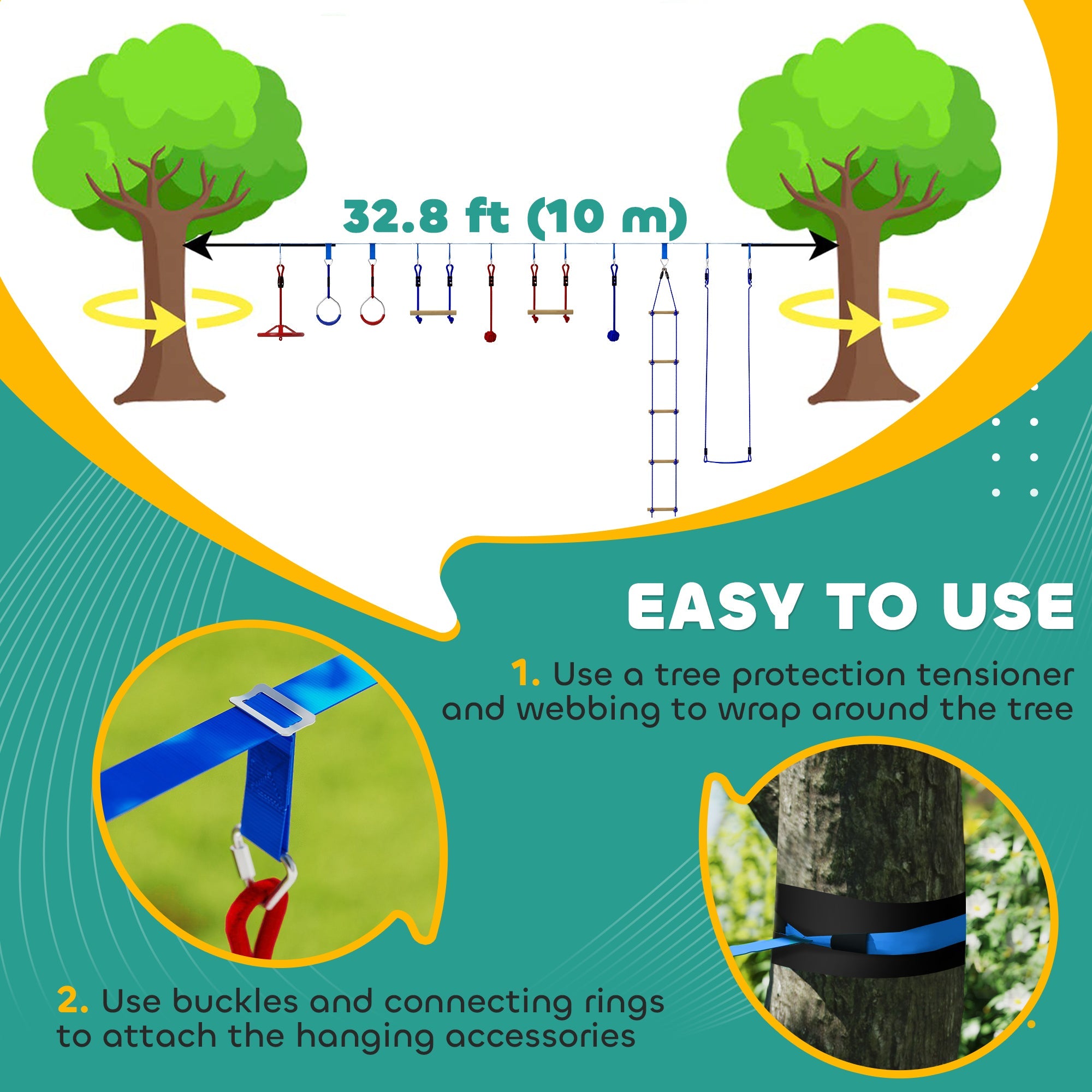 Qaba 32.8' Ninja Warrior Obstacle Course for Kids 3-6 Years, with Swing, Monkey Bars, Climbing Ladder, Gym Rings, Blue 