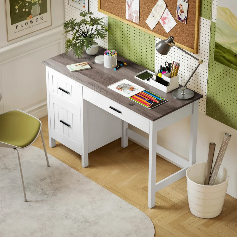 Computer Desk with 3 Drawers, Farmhouse Home Office Desk with File Drawer and Wood Grain Top for Small Spaces, White