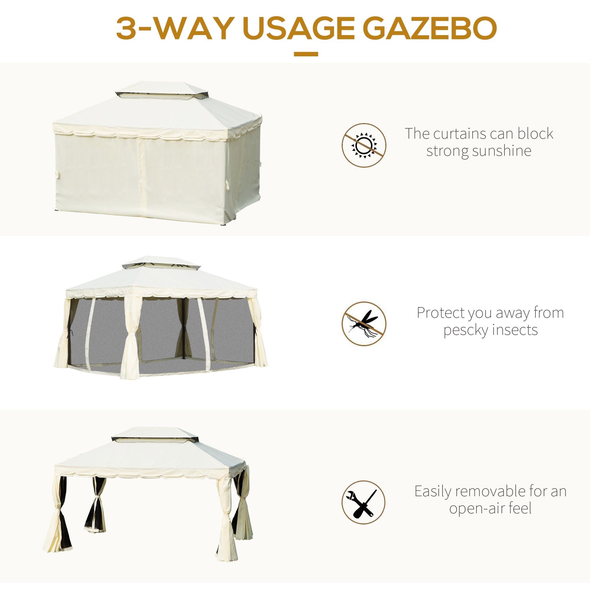 Outsunny 10 x 13ft Aluminum Frame Gazebo Canopy Double Tier Garden Shelter with Netting and Curtains, Cream White 