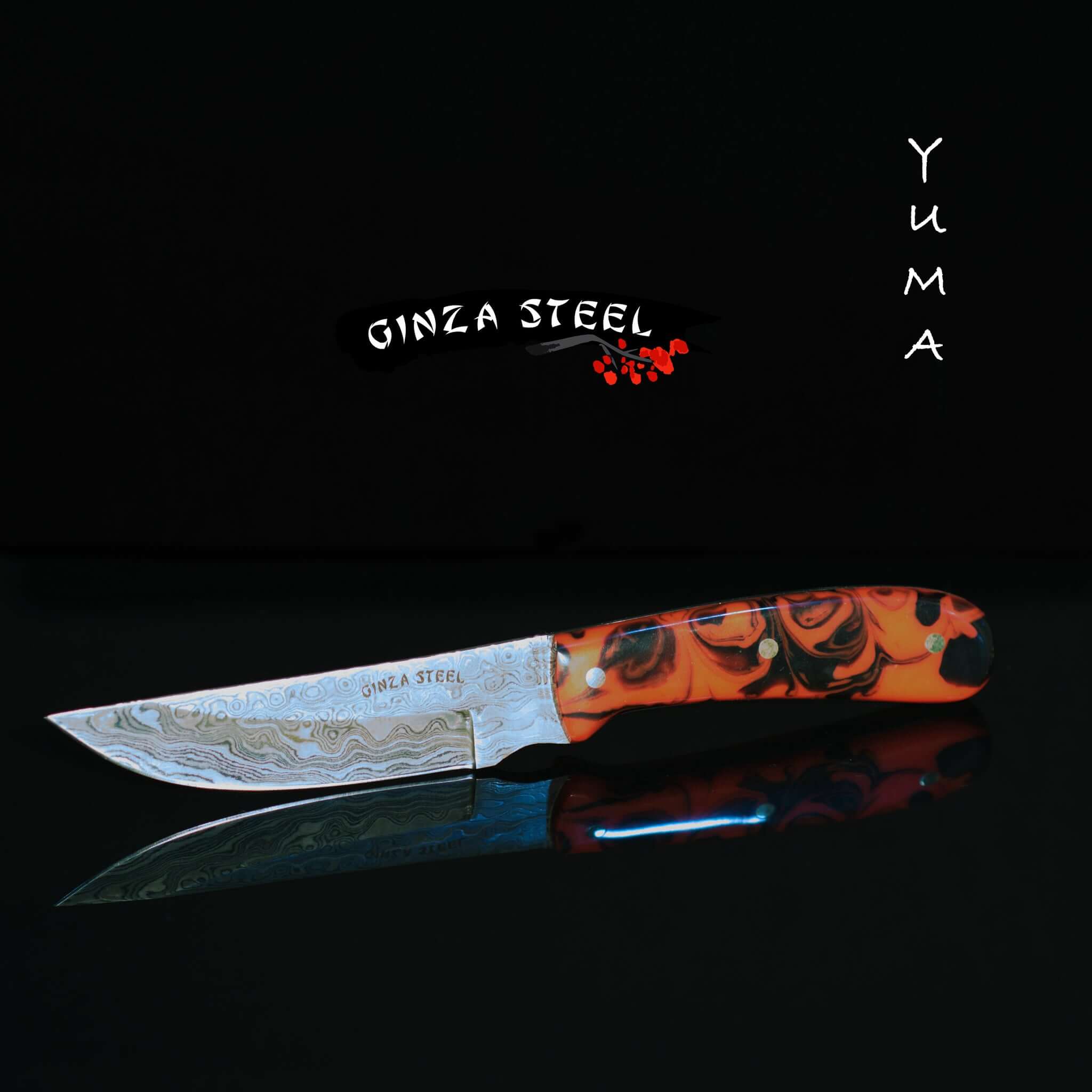 YUMA Damascus Steel Skinner Knife 5 inch blade with Original Cow leather sheath 