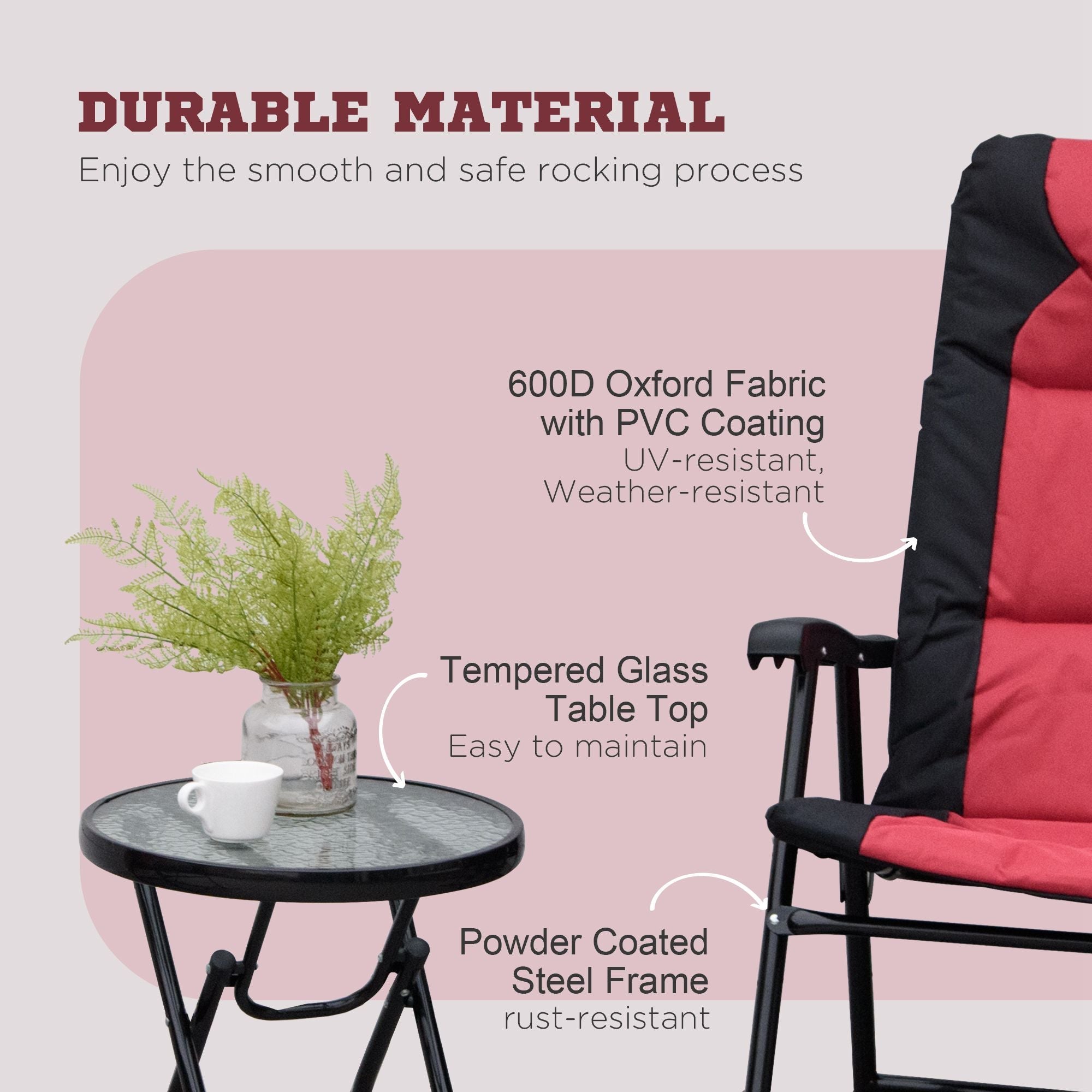 Outsunny 3pc Outdoor Folding Rocking Chair and Table Set Camping Yard Lounger Seat Patio Bistro Set w/ Padded Seat Red 