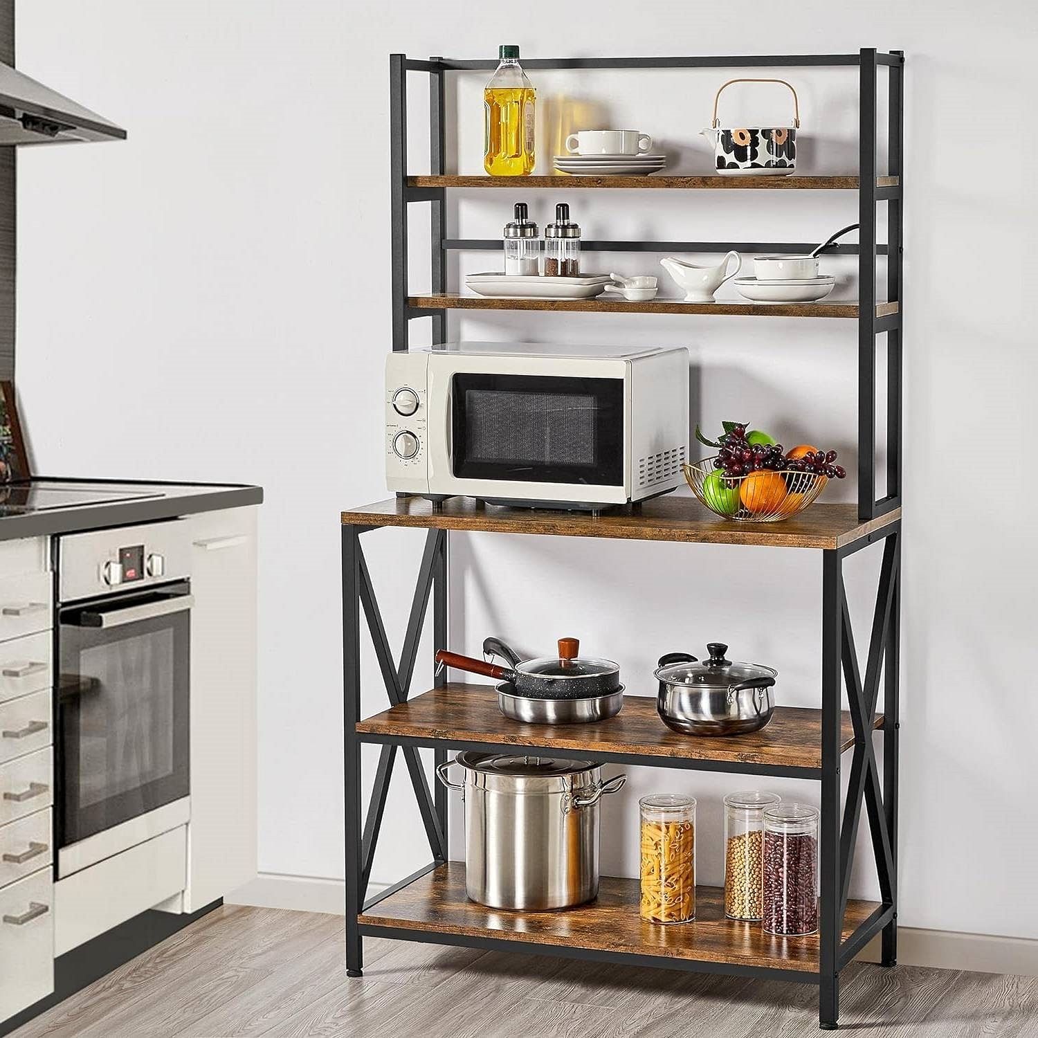 Modern Industrial Metal Wood Bakers Rack Kitchen Storage Shelf - Free Shipping 