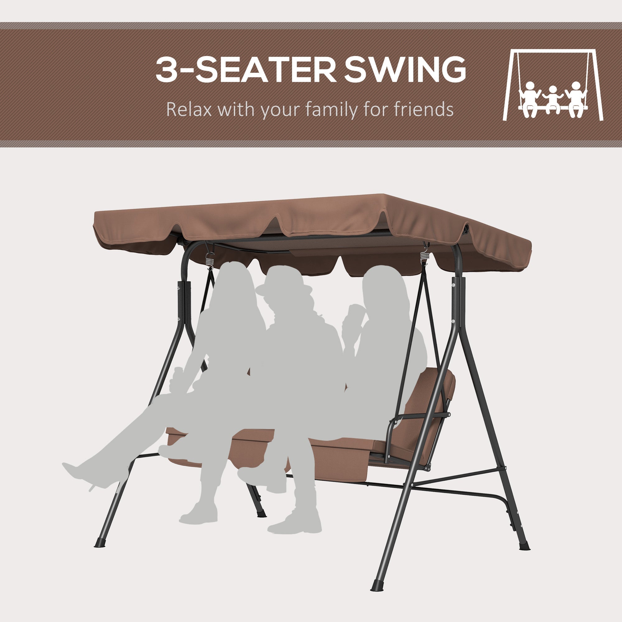 Outsunny 3-Seater Outdoor Porch Swing with Adjustable Canopy, Patio Swing Chair for Garden, Poolside, Backyard, Brown 