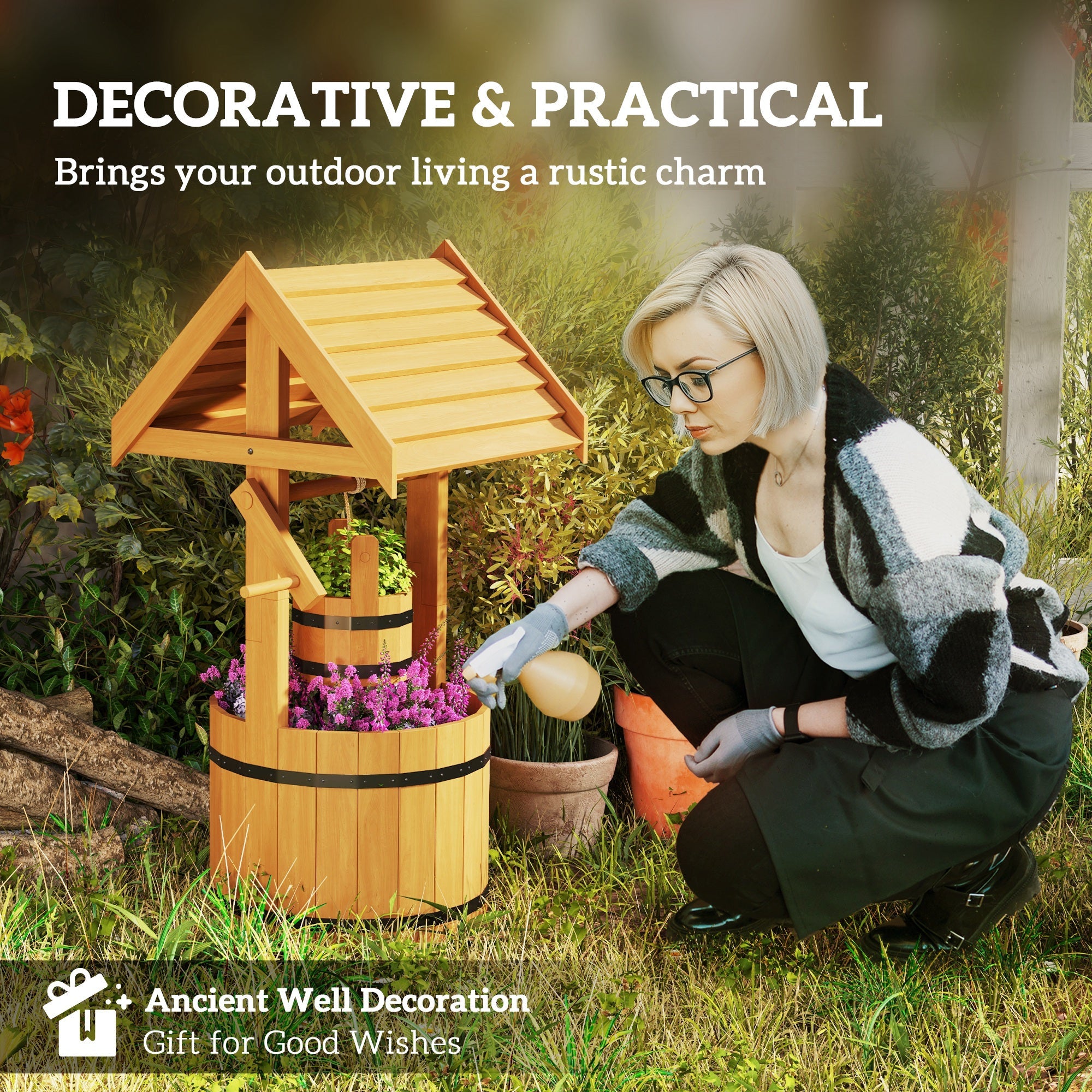 Outsunny Wood Wishing Well Outdoor Wooden Planter with Hanging Bucket and Drainage Hole for Garden, Patio, Backyard, Orange 