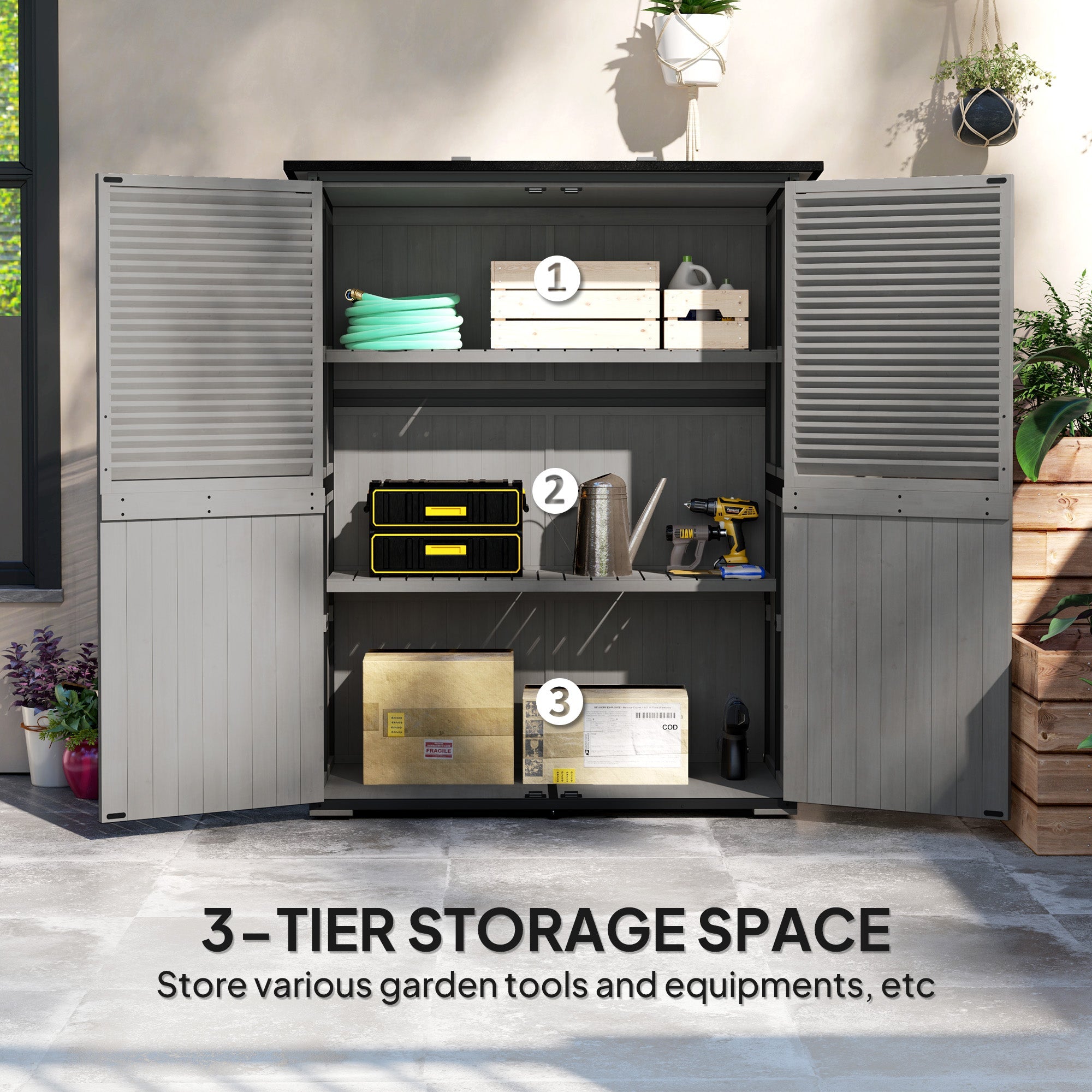 Outsunny Outdoor Storage Cabinet, Wood Garden Shed with Steel Frame, Asphalt Roof, 2 Shelves and Lockable Doors, Grey 