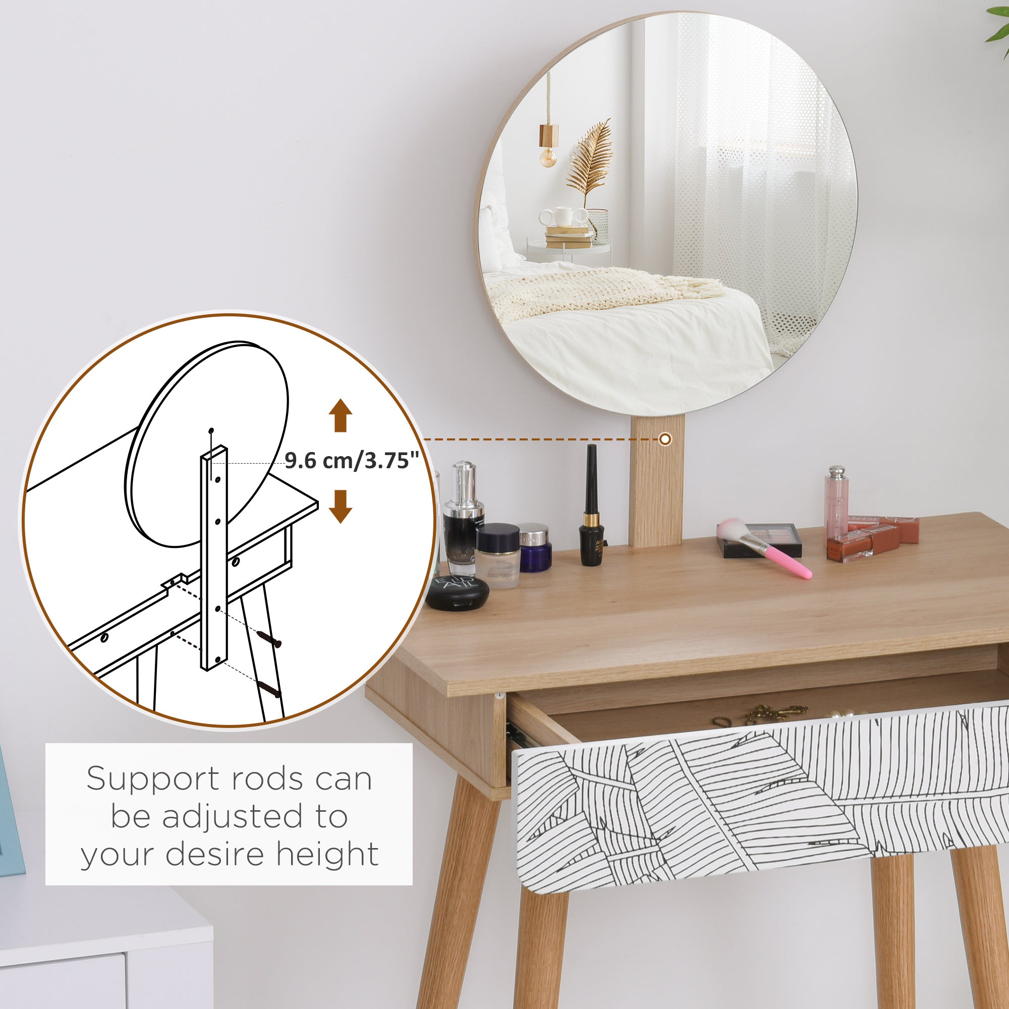 HOMCOM Dressing Makeup Desk Oak Color with Drawer and Mirror Wooden Small Elegant Durable for Bedroom 